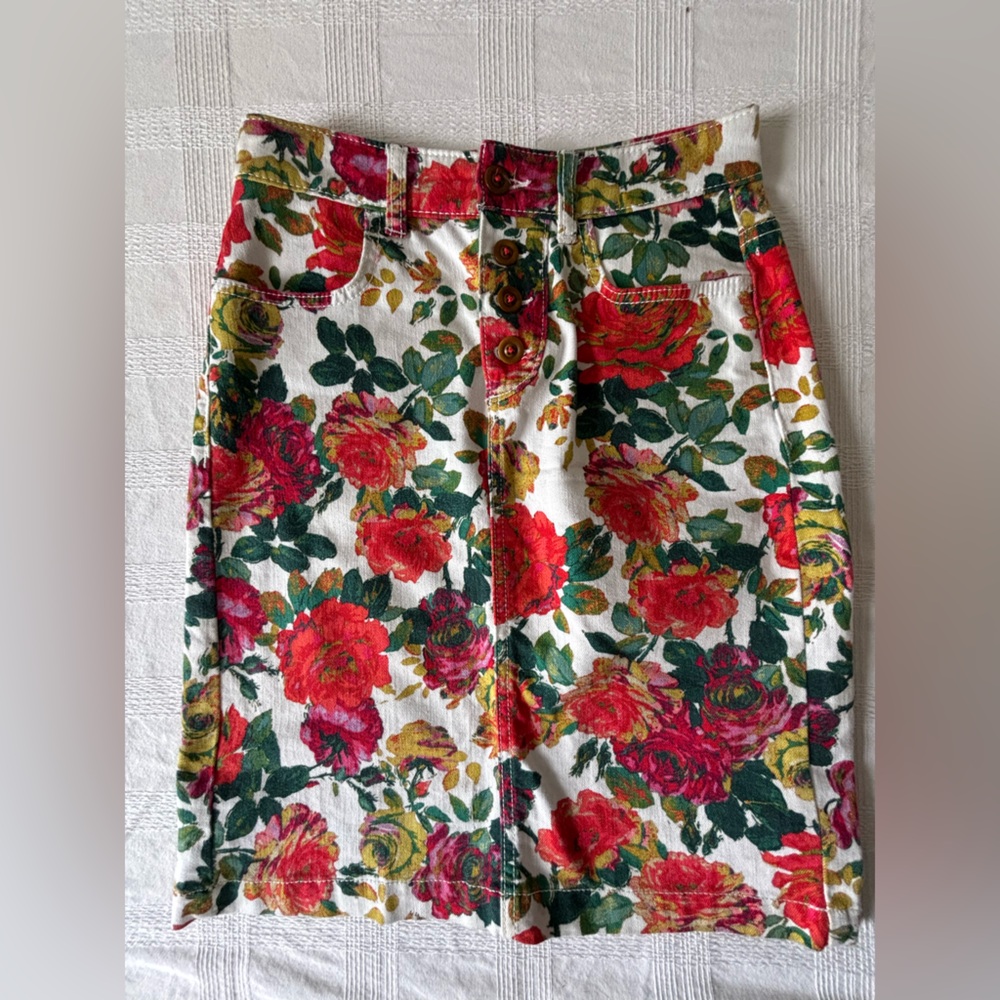 Anthropologie Floral Button-Front Midi Skirt in Red, Green, Yellow on White